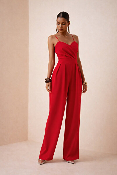 Lijuri Kırmızı Kalp Yaka Detaylı Askılı Tulum 1377 R6-E-K4