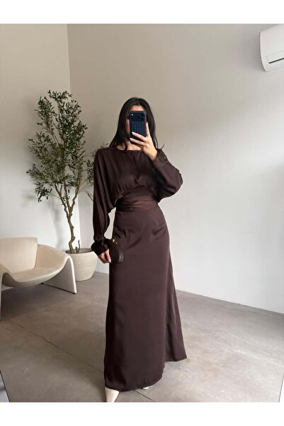 Bade Butik Coffee Satin Belted Dress