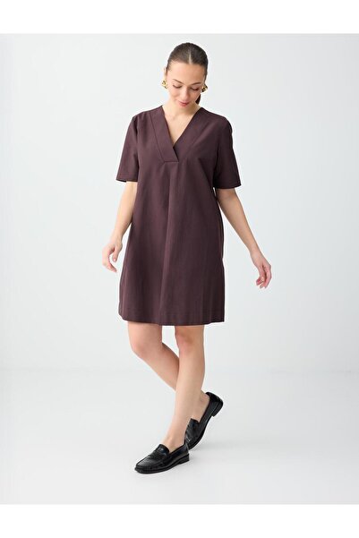 Jimmy Key Bitter Coffee Relaxed Cut Short Sleeve V-Neck Woven Mini Dress