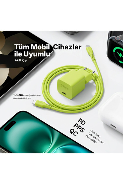 Ttec SmartCharger GAN 20W PD Seyahat Hızlı Şarj Aleti + USB-C - Lightning 120cm Kablo Neon Sarı