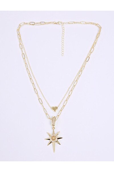 Jimmy Key Altın Rengi Kalp ve Yıldız Figürlü Çok Zincirli Kolye