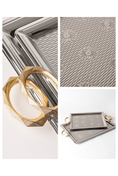 Le Paon Paslanmaz Çelik Gümüş 2’li Tepsi Seti – Altın Kulplu Servis ve Sunum ...