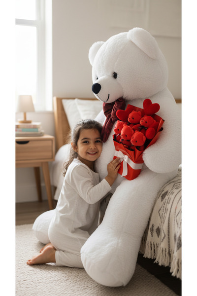 Pababo Sevgiliye Özel 160 Papyonlu Büyük Ayıcık ve Kalpli Kırmızı Ayıcık Buketi