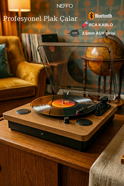 NEFFO Şarj Bluetooth Aux Iğne Dahil Hoparlörlü Pikap Plak Çalar Ahşap