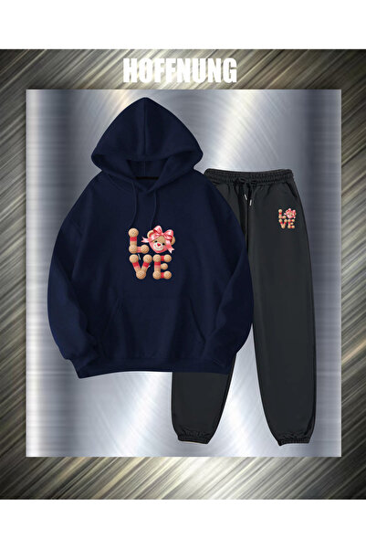 HOFFNUNG Unisex Casual Tracksuit Set Love Bear Head Outdoor Full Hoodie