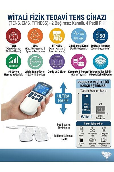 Witali FITENS TENS + EMS + FITNESS Fizik Tedavi Cihazı – 2 Kanallı, 4 Pedli P...