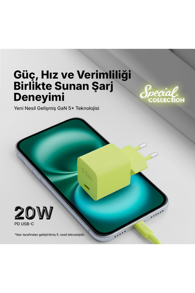 Ttec SmartCharger GAN 20W PD Seyahat Hızlı Şarj Aleti + USB-C - Lightning 120cm Kablo Neon Sarı
