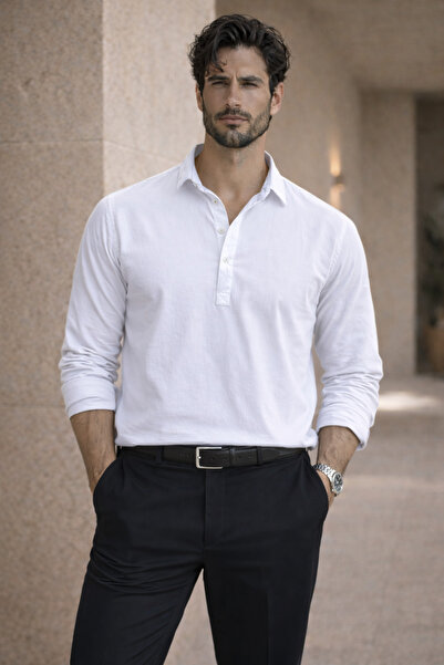 Valiberta Ανδρικό πουκάμισο με μακρυμάνικο μισό γιακά York Cotton Fabric - Λευκό
