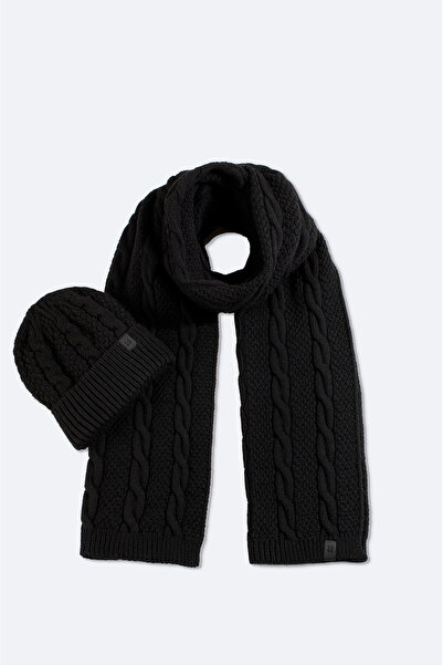 Avva Men's Black Jacquard Knitwear Scarf Beanie Set A52Y9220