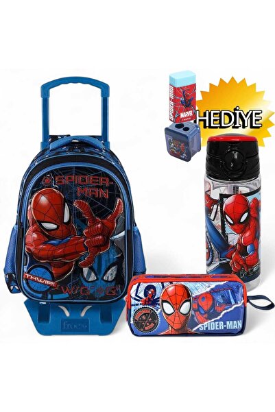 Marvel Örümcek Adam Lacivert Çekçekli Okul Çantası Set & Suluk Matara Hediye