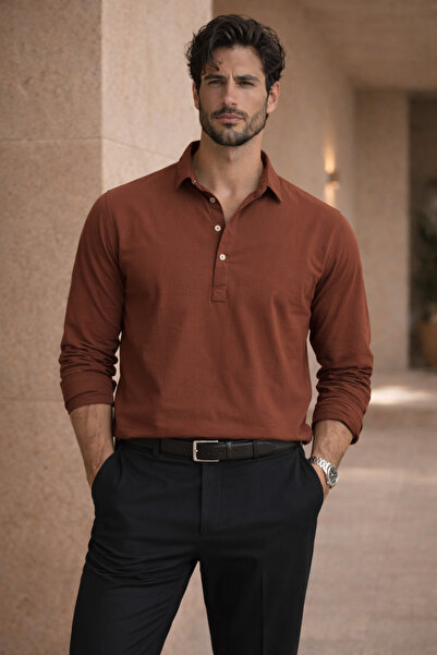 Valiberta Half Pat Collar York Cotton Fabric Long Sleeve Men's Shirt - Dark B...