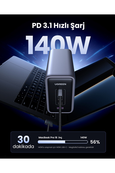 Ugreen Nexode 300W GaN 5 Portlu Hızlı Şarj Cihazı İstasyonu, 4xUSB-C, 1xUSB-A, Gri, 90903B