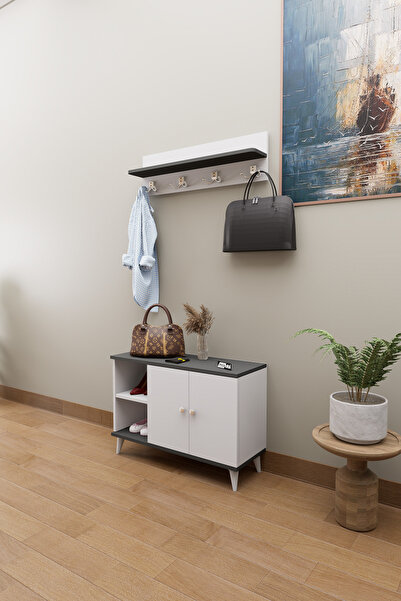 Mirobi Truva Ayakkabılık Portmanto Vestiyer ve Duvar Askısı Beyaz - Antrasit