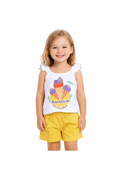 Çikoby Girls' Twin Set B Printed White Ruffle Strap Tank Top Yellow Shorts
