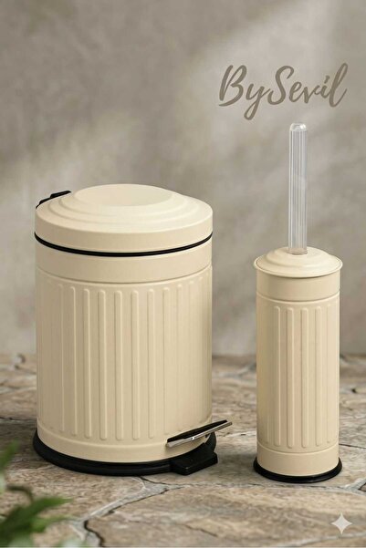 BySevil Krem Vintage 2 Li Banyo Seti | Çizgili Model 5 Litre Ve Wc Fırçası Seti