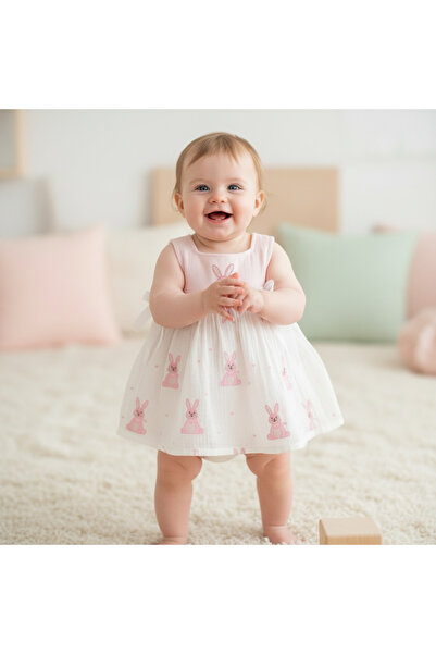 Ürünya Kız Bebek Çocuk Sıfır Kollu Askılı Nakışlı Elbise