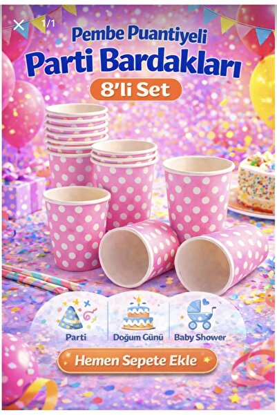 OPTİMEX Pembe Puantiyeli Karton Parti Bardağı – 8 Adet – Tek Kullanımlık – Do...