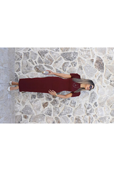 bytugcekaya Burgundy Straight Cut Short Sleeve Midi Dress with Slit on the Back