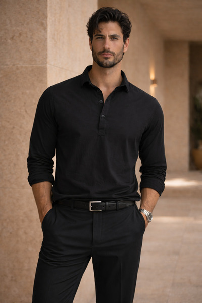 Valiberta قميص رجالي بأكمام طويلة وياقة نصف رقعة من نسيج القطن يورك - أسود