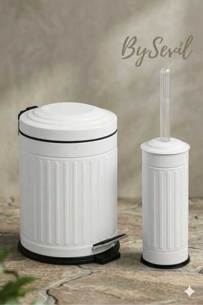 BySevil طقم حمام مكون من سلة مهملات بيضاء عتيقة مكونة من قطعتين، طراز مخطط سع...