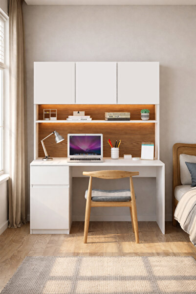 Avmpark Lamel Çalışma Masası Raflı Çekmeceli Bilgisayar Masası Led Işıklı Beyaz