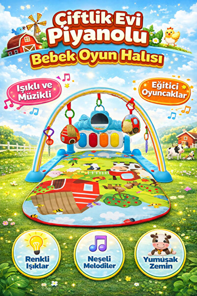 BebeMango Çiftlik Evi Piyanolu Bebek Oyun Halısı Hayvan Figürlü Işıklı ve Müz...