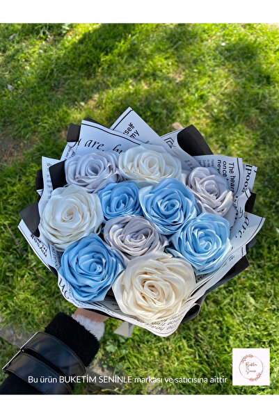 Buketim Seninle Μπουκέτο με 10 τεμάχια ανοιχτό μπλε, λευκά και γκρι τριαντάφυ...