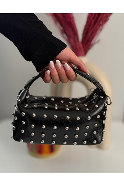 EVVA BAGS Zımbalı Siyah Mini Çapraz Zincir Askılı El ve Omuz Çantası