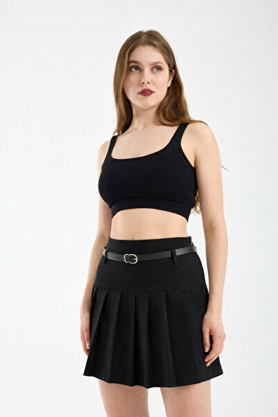 İLKCET MODA Fusta neagră cu pliuri pentru damă, pantaloni scurți