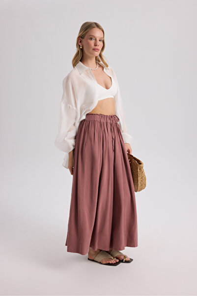 BOHEMAİ تنورة غابيانو من الكتان باللون العنابي الفاتح ومطويات بأربطة