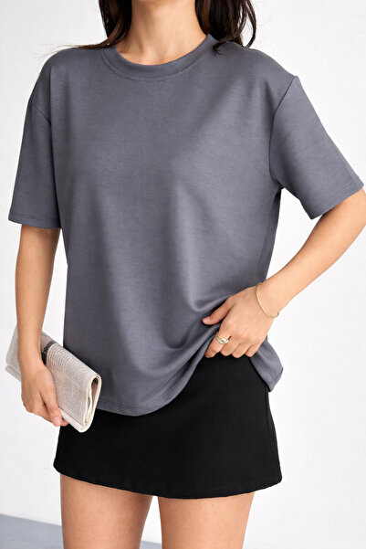 İLKCET MODA Crew Neck Gray Modal Fabric Women's T-Shirt