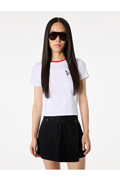 Koton Βαμβάκι lu εφαρμοστό Κοντομάνικο μπλουζάκι με λαιμόκοψη και λεπτομέρεια...