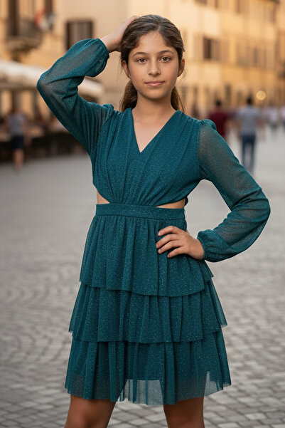 SUBU TASARIM Rochie de seara pentru copii de culoare benzina - Tulle cu volan...