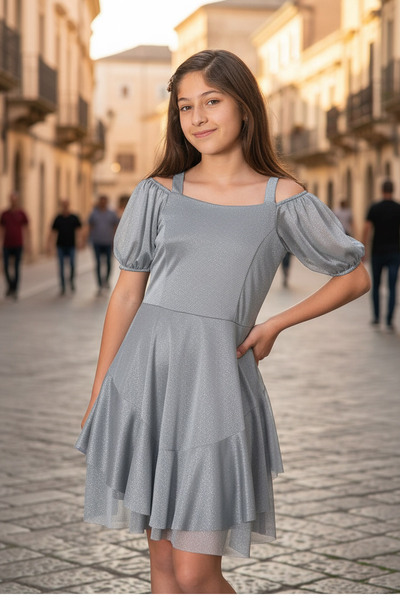 SUBU TASARIM Rochie de seară din tul cu mâneci cu balon, gri TBS940