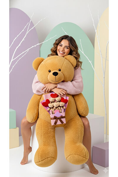 Pababo Sevgiliye Özel 160 Papyonlu Büyük Ayıcık ve Kalpli Kahve Ayıcık Buketi