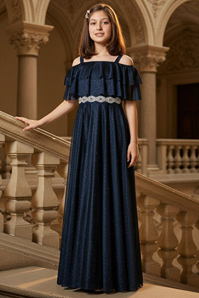 SUBU TASARIM Rochie de seara din tul cu sclipici albastru bleumarin - Mdv314 ...