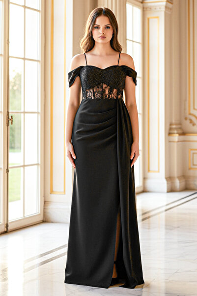 SUBU TASARIM Strappy Lace Detailed Evening Dress Black Tbs380