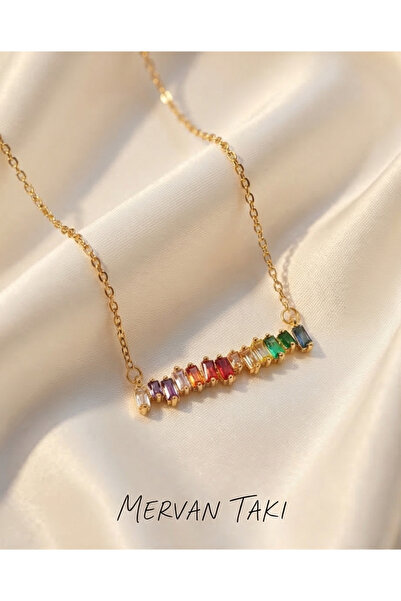 MERVAN TAKI Renkli Baget Taşlı Altın Rengi Çelik Kolye