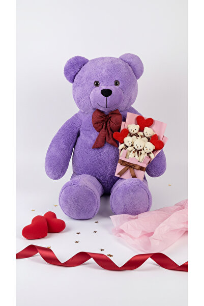 Pababo Sevgiliye Özel 160 Papyonlu Büyük Ayıcık ve Kalpli Krem Ayıcık Buketi