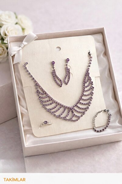 ELUNE İSTANBUL Purple Crystal Stone Premium Necklace Earring Ring Set