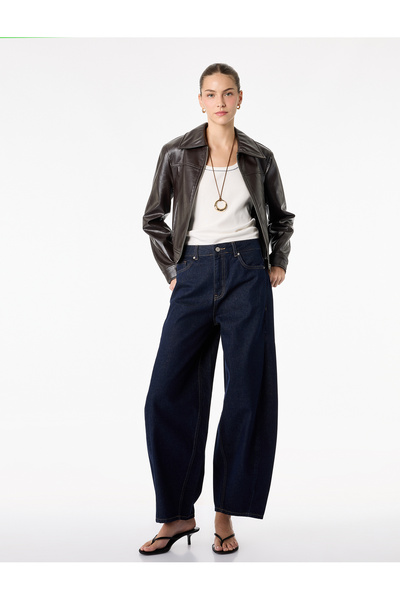 Koton Cotton Pack Regular Leg Pocketed Button Balloon Denim Pants - Balloon F...