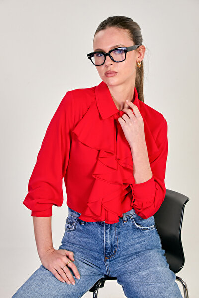 BARRELS AND OIL Cămașă de damă cu mâneci lungi și volane în față - Roșu