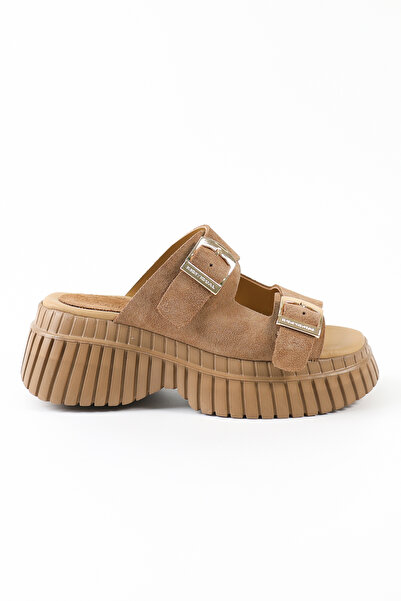 Tuna جلد أصلي حذاء نسائي ذو نعل عالٍ بلون أسمر شبشب - Rgn01