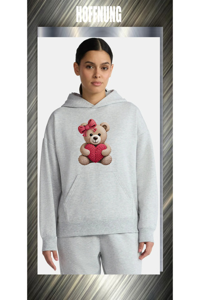 HOFFNUNG unisex Βαμβάκι lu oversized Heart Bear με τύπωμα με κουκούλα Άνετο κ...