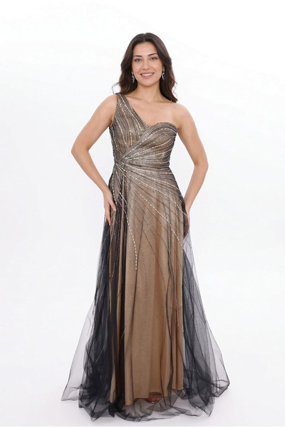 BDM Exclusive Tül Detaylı Tek Omuz Drapeli Uzun Premium Abiye Elbise