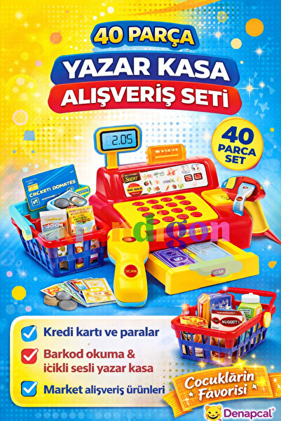 DENAPCAL Yazar Kasa Oyuncak Market Alışveriş Seti 40 Parça – Çocuk Market Oyu...