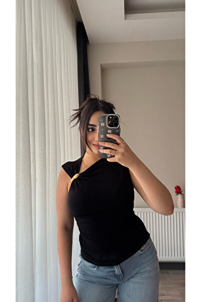 Siner Fashion Γυναικεία χρυσή Με λεπτομέρεια αγκράφας ασύμμετρη μπλούζα με λα...