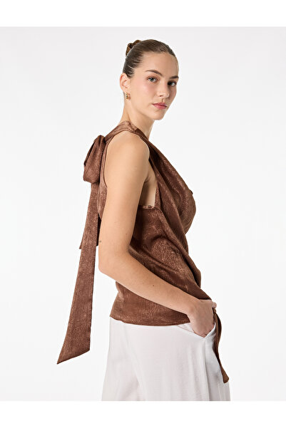 Koton Asymmetrical Cut Sleeveless Lace-Up Back Satin Degaje Collar Blouse