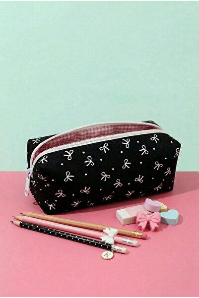 AXUM Black Bowknot cu model Albă Penar cu fermoar Suport pentru pix Roz model...