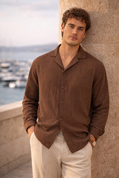 Valiberta Apaş Collar Oversize Muslin Fabric Shirt - Brown